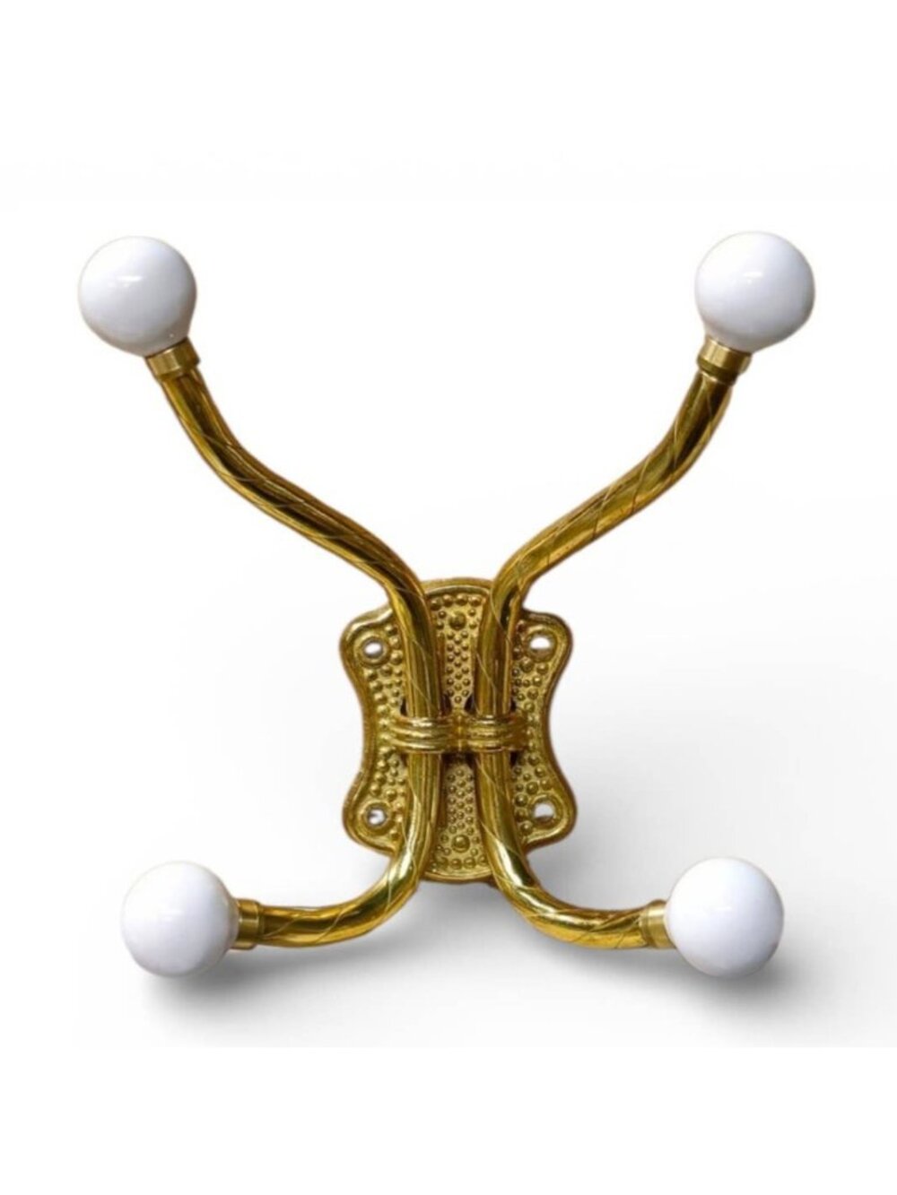 Solid Brass Four Arm Cloak Hook with White Porcelain Knobs - Picture 2 of 2